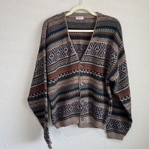 Zero‎ Vintage Fair Isle Geometric Knit Cardigan Sweater XL Brown Gorpcore Cabin